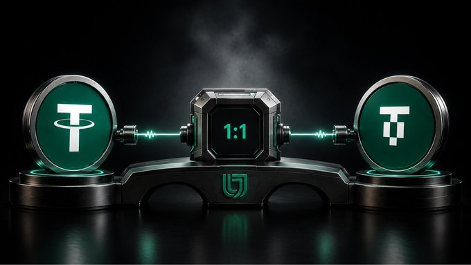 A 3D render of a device with two green circles containing the Tether (USDT) logo connected to a central display showing '1:1'.