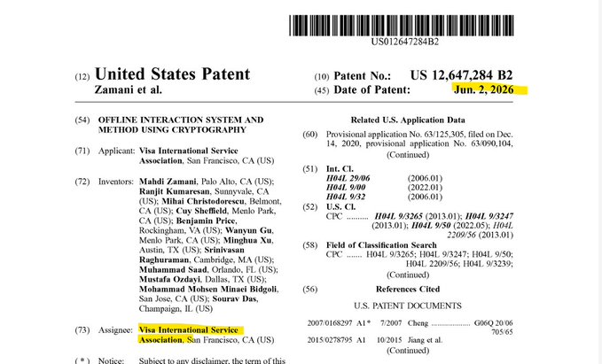 The image shows a patent document for AlgoFoundation, which is a company based in Algo Foundation, California. The document has been marked with yellow text that reads "VISA INTERNATIONAL SERVICE ASSOCIATION PATENT REFERENCING ALGORAND $ALGO @AlgoFoundation". This indicates that the patent application was filed by AlgoFoundation and is related to their Algo service.