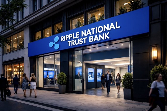 The image shows a modern building with a glowing blue storefront sign reading "RIPPLE NATIONAL TRUST BANK," where business-attired pedestrians enter through glass doors, visually reinforcing the post's message about Ripple's anticipated full banking license approval and the growing institutional presence of $XRP.