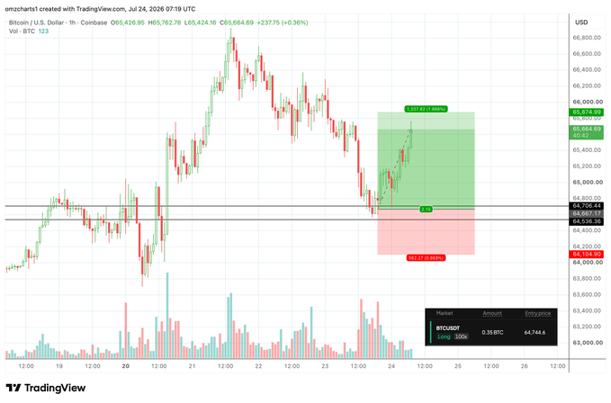 A Bitcoin/USD 1-hour candlestick chart from TradingView shows BTC hitting a target of $65,654.69, resulting in a +$237.75 (+0.36%) gain, visually marked by a green profit box of +$250.49 on a long position entered at $64,744.6, confirming the post's claim of a successful trade call.