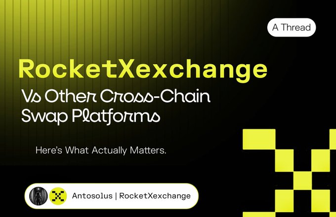 Graphic thumbnail for a Thread titled 'RocketXchange Vs Other Cross-Chain Swap Platforms - Here's What Actually Matters' by Antosolus | RocketXexchange, featuring yellow text on a dark gradient background with pixel art elements.