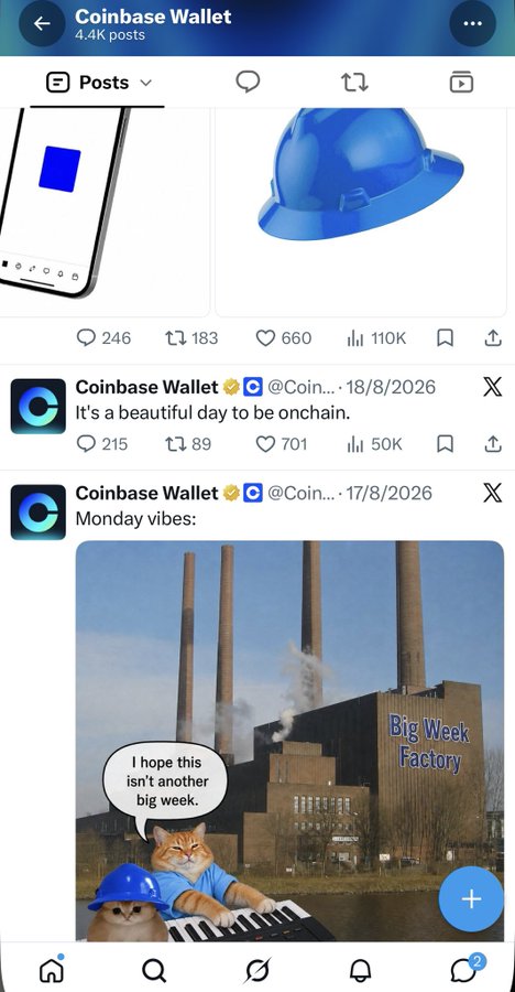This is a screenshot of the Coinbase Wallet X/Twitter profile showing recent posts, including one captioned "It's a beautiful day to be onchain" and another with the "Monday vibes:" meme featuring a cat in a hard hat playing keyboard next to a factory labeled "Big Week Factory," with a speech bubble reading "I hope this isn't another big week." The image doesn't visually relate to a post tagging @brian_armstrong, but the meme's factory reference humorously suggests a "big week" of activity or announcements tied to Coinbase's leadership.
