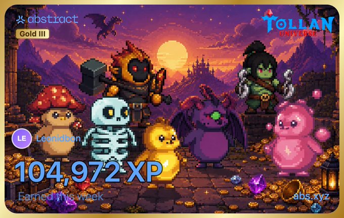 A pixel art graphic shows fantasy characters including a skeleton, mushroom, duck, demon, and pink bear, with 'Gold III', 'abstract', 'TOLLAN OVERLORDS', '104,972 XP', and 'Earned this week' text.