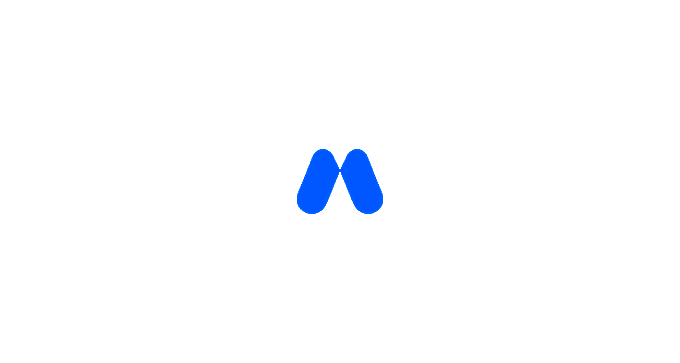 A minimalist graphic featuring a blue letter "M" logo centered on a solid green background.
