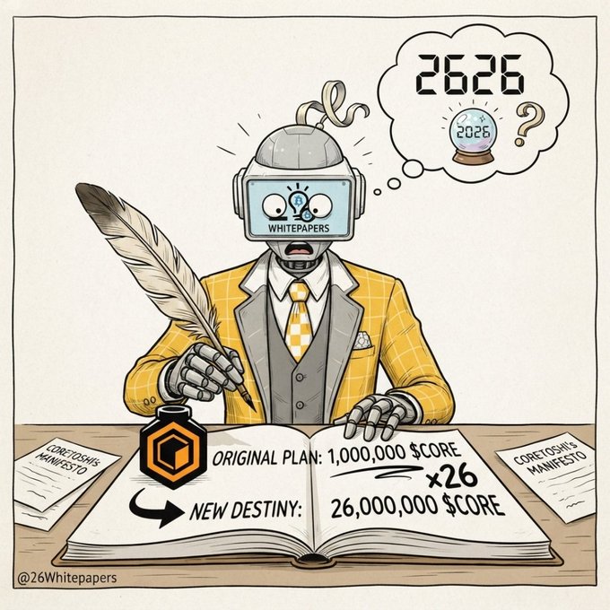 A cartoon illustration of a robot in a yellow plaid suit with a thought bubble showing '2026,' writing in a book that reads 'ORIGINAL PLAN: 1,000,000 $CORE x26 NEW DESTINY: 26,000,000 $CORE,' credited to '@26Whitepapers'.