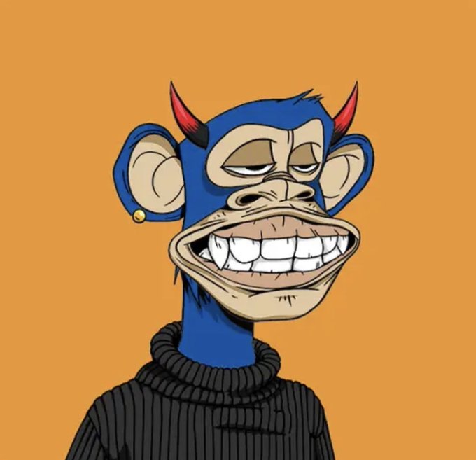 A digital illustration of a Bored Ape-style monkey with blue fur, red devil horns, and a wide toothy grin, wearing a dark ribbed turtleneck sweater against an orange background.