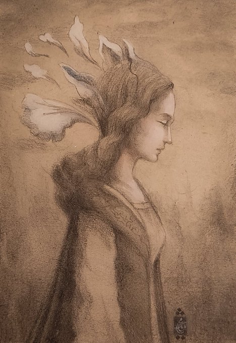 The image features an artist's sketch of a woman with long hair, wearing a headdress adorned with white feathers. The sketch is rendered in a brown color, giving it a vintage appearance. The woman appears to be standing against a blurred background, which adds depth and context to the scene. The post mentions that this artwork was created by someone named "Unavoidable Breath of Blossoms", indicating that the artist's work has been highly appreciated and valued by collectors.