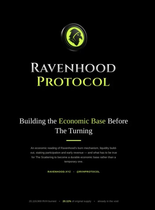 A dark promotional graphic for 'RAVENHOOD PROTOCOL' features a green raven emblem and the tagline 'Building the Economic Base Before The Turning,' describing an economic reading of Ravenhood's burn mechanism, liquidity build-out, and early revenue, with stats noting 20,118,969 RVH burned and 20.11% of original supply already in the void.