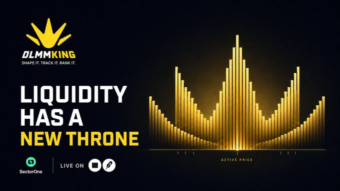 A promotional graphic for 'DLMMKING' with the tagline 'SHAPE IT. TRACK IT. RANK IT.' and 'LIQUIDITY HAS A NEW THRONE,' featuring a golden bar chart and logos for SectorOne.