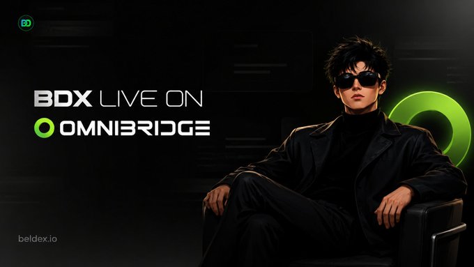 A promotional graphic for Beldex (BDX) listing on Omnibridge, featuring a stylized illustration of a young man in black clothing and sunglasses seated against a dark background.