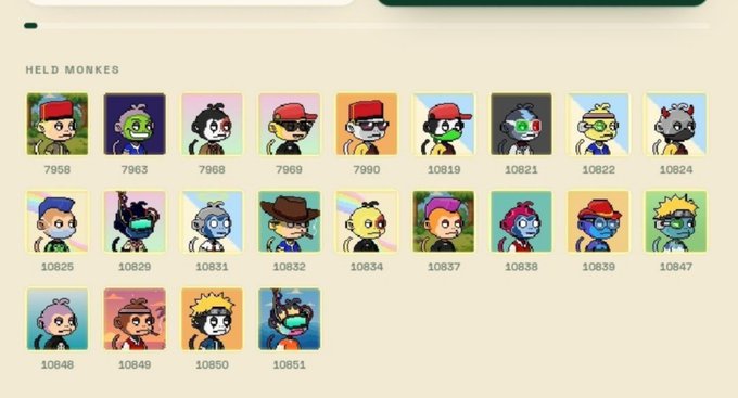 Webpage screenshot titled 'HELD MONKEES' displaying a grid of NFT profile pictures of cartoon monkeys with various accessories, numbered 7958 through 10851.