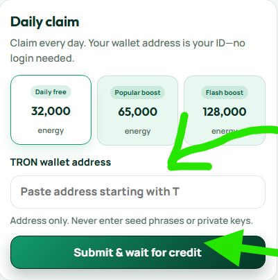 A screenshot of a "Daily claim" interface for energy rewards (32,000 to 128,000), featuring a field for a "TRON wallet address" and green arrows pointing to the input field and the "Submit & wait for credit" button.