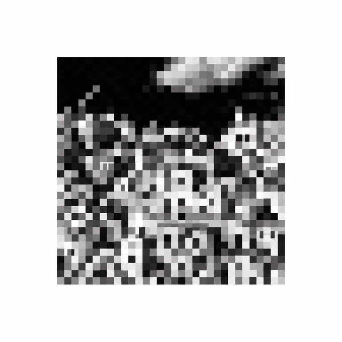 A heavily pixelated black and white image with low resolution showing indistinct shapes and patterns.