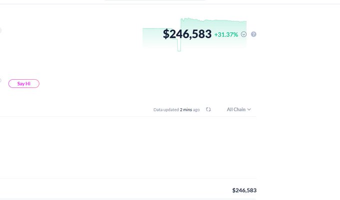A minimalist financial interface displaying a balance of $246,583 with a +31.37% gain, a 'Say Hi' button, and data updated 2 minutes ago.