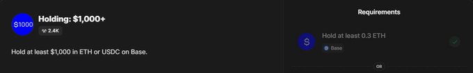 A digital interface showing a 'Holding $1,000+' reward with a requirement to 'Hold at least 0.3 ETH' on the Base network, requiring 'Hold at least $1,000 in ETH or USDC on Base' with a 2.4K multiplier.