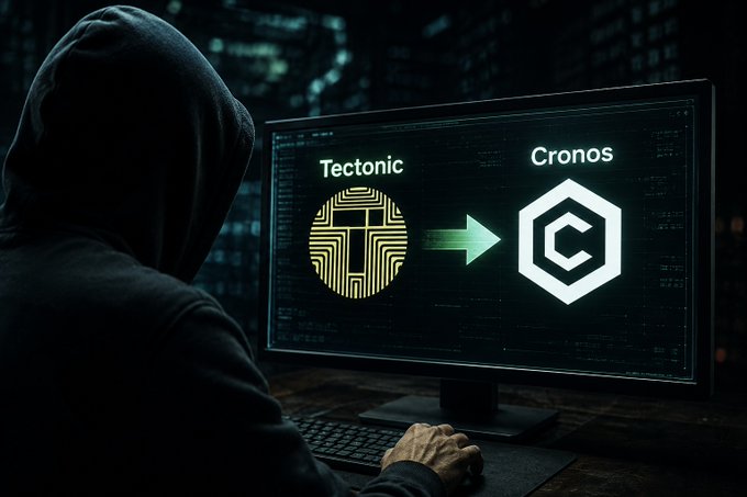 A hooded figure sits at a computer screen displaying a crypto conversion from 'Tectonic' to 'Cronos' with an arrow between the two logos.