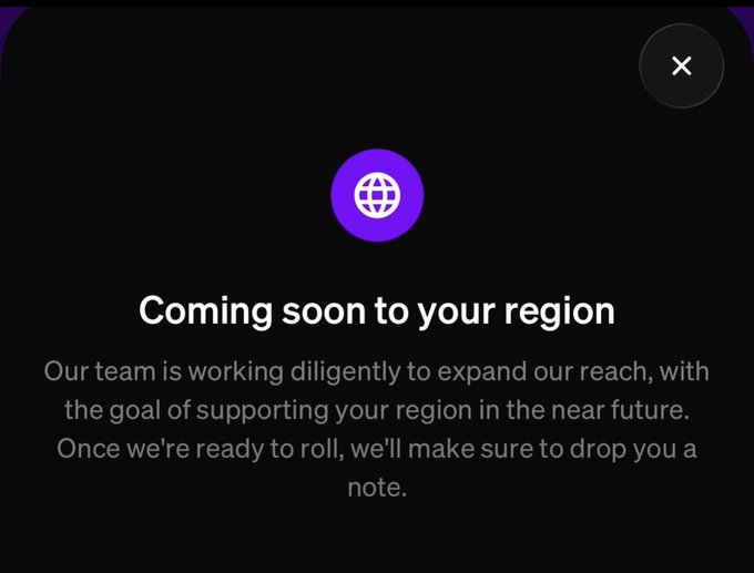 A notification screen displays a globe icon with the message "Coming soon to your region," stating the team is working to expand their reach and will notify users when ready. The image illustrates the post's frustration about receiving only $2 USDC and a regional unavailability notice from a Moonpay airdrop.