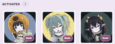 A digital interface displays three anime-style character cards under the heading 'ACTIVATED', each featuring a different character and a 'Basic' tag.
