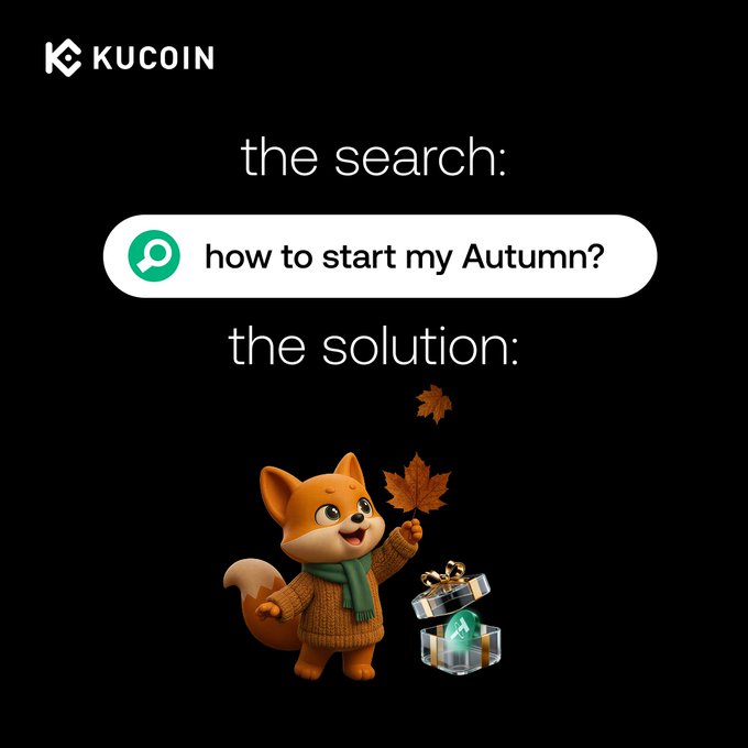 A KuCoin ad featuring a cute 3D fox mascot in a sweater holding an autumn leaf, with a search bar showing "how to start my Autumn?" answered by the fox opening a treasure chest. The post promotes the KuTrader Alliance campaign with a $30,000 USDT prize pool, using the autumn harvest theme to tie into the "Harvest Your Squad, Reap the Glory" message and drive sign-ups at kucoin.com/campaigns/KuTr.