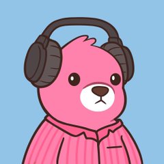 A cartoon illustration of a pink bear wearing a striped hoodie and large black headphones against a light blue background.