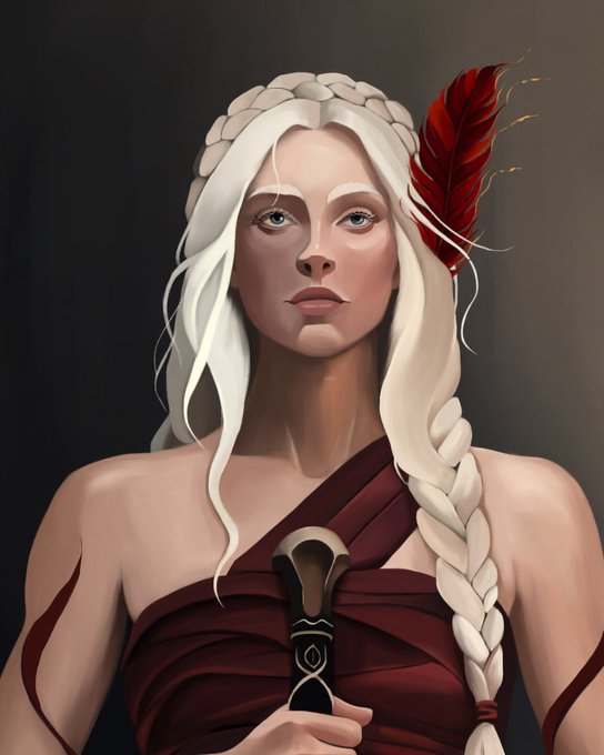 A digital portrait of a pale-skinned, white-haired warrior woman with a long braid, wearing a dark red garment and holding a ceremonial weapon, accented by a vivid red feather in her hair. The striking, fantasy-inspired artwork aligns perfectly with the post, presenting the creator's latest character illustration for the community to admire.
