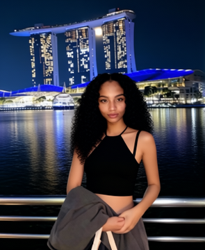 A young woman with long curly hair poses in front of the iconic Marina Bay Sands hotel in Singapore, lit up at night along the waterfront. The image appears to be used as a giveaway promotional post on social media, where the user @grimeyXBT is hosting a $20 SOL contest and asking participants to follow, engage with the post, and share their crypto wallet addresses to enter.