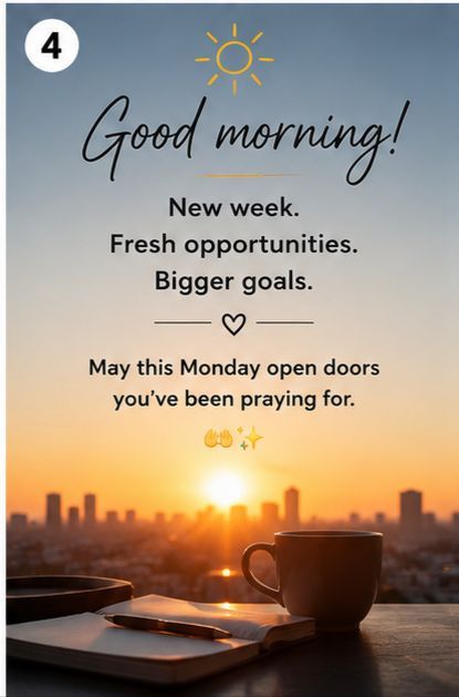 Inspirational Monday morning graphic with a sunrise cityscape background, a coffee cup on a book, and text reading "Good morning! New week. Fresh opportunities. Bigger goals. May this Monday open doors you've been praying for."