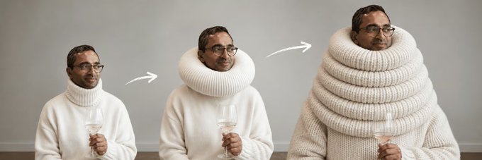 Three sequential photos of a man with glasses wearing a white turtleneck sweater, showing the collar progressively stretching out into an exaggerated, multi-layered coil around his neck.