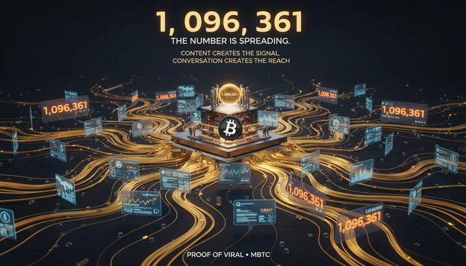The image displays a glowing Bitcoin-themed infographic with the number "1,096,361" featured prominently at the top, accompanied by the text "THE NUMBER IS SPREADING" and "CONTENT CREATES THE SIGNAL, CONVERSATION CREATES THE REACH," with a central Bitcoin symbol connected by golden flowing streams to various data panels showing the same number—visually representing the viral spread of the "Proof of Viral" concept tied to the MBTC ticker referenced in the post.