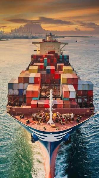 An aerial view of a large MSC container ship loaded with multicolored shipping containers sailing through the water at sunset.