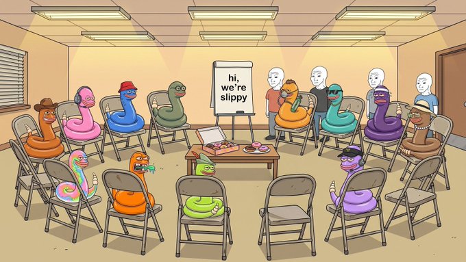 A cartoon illustration depicts a snake support group meeting in folding chairs with a whiteboard reading 'hi, we're slippy' and a table of donuts.