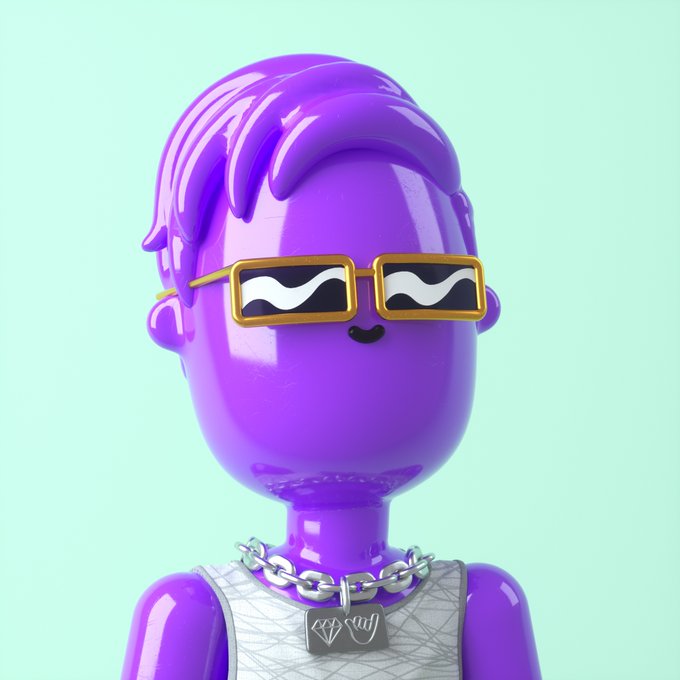 3D render of a glossy purple character wearing yellow-framed rectangular sunglasses and a silver chain necklace with a heart pendant on a mint background.
