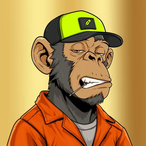 A cartoon illustration of a serious-looking chimpanzee wearing an orange prison-style jumpsuit and a neon green and black cap.