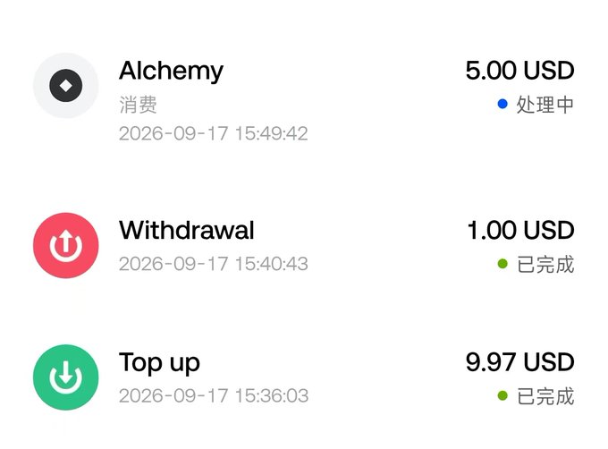 A transaction history showing three entries: an Alchemy transaction of 5.00 USD (processing), a Withdrawal of 1.00 USD (completed), and a Top up of 9.97 USD (completed), all dated 2026-09-17.