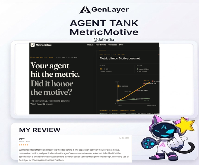 A promotional graphic for "GenLayer Agent Tank" features a review of MetricMotive by user "giguzi," describing it as an AI agent that helps separate a user's real motive from measurable metrics.