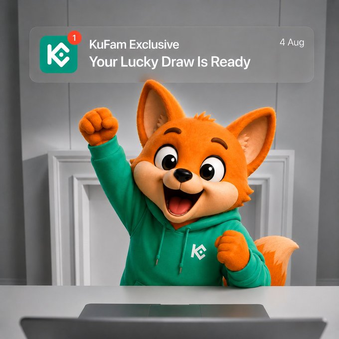 A cheerful orange fox mascot wearing a green KuCoin-branded hoodie triumphantly raises its fist in celebration behind a laptop, paired with a notification banner reading "KuFam Exclusive - Your Lucky Draw Is Ready" dated 4 Aug, perfectly capturing the excitement of unlocking exclusive rewards through KuCoin's campaign tasks.