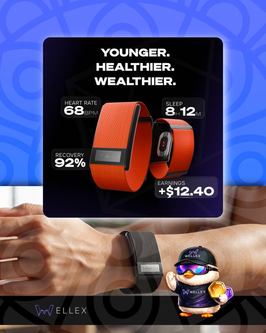 The image showcases a Wellex fitness wearable advertised with the tagline "YOUNGER. HEALTHIER. WEALTHIER." alongside health metrics like heart rate (68 BPM), sleep (8H 12M), recovery (92%), and earnings (+$12.40), featuring the Wellex penguin mascot. It supports the post's announcement of the author joining as a Wellex Ambassador, visually emphasizing how the wearable tracks health while offering earning opportunities rather than just being another standard fitness device.