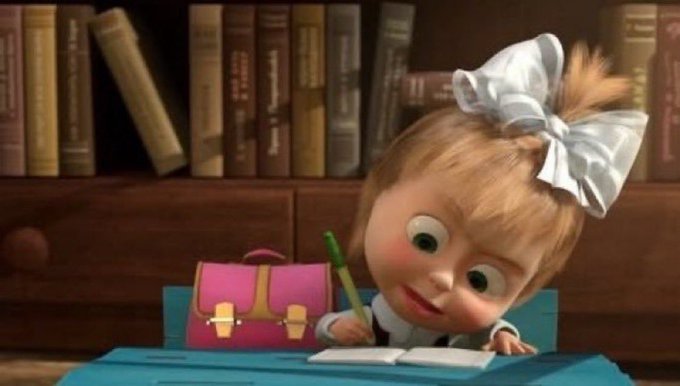 An animated scene from the movie Despicable Me featuring a young girl with a large white bow in her hair, sitting at a desk with a pink school bag, holding a pencil over an open notebook in front of a bookshelf.