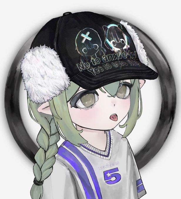 An anime-style character with green hair wearing a black cap with the text 'No to anxiety. Yes to Stress.', fluffy earmuffs, and a Nets jersey with the number 6.