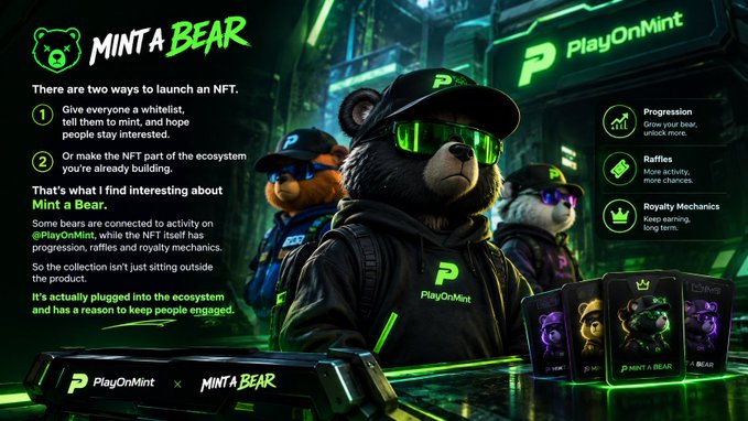 Cyberpunk-style promotional artwork for 'MINT A BEAR' by PlayOnMint, showing bears in green sunglasses with bullet points explaining NFT launch mechanics like progression, raffles, and royalty mechanics.
