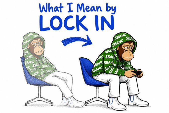 A meme image titled 'What I Mean by LOCK IN' showing two Bored Ape-style characters, one slouching and the other focused while playing a video game controller.
