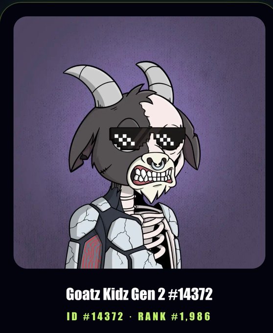 A Goatz Kidz Gen 2 NFT (#14372) showing a skeletal goat character with black and white fur, pixelated sunglasses, and horns against a purple background, labeled with ID #14372 and RANK #1,986.