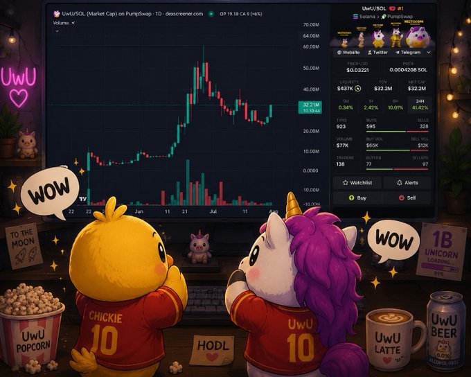 A cartoon illustration shows two characters, 'CHICKIE 10' and 'UwU 10', reacting with 'WOW' speech bubbles to a PumpSwap chart for UwU/SOL trading pair showing price around 32.31M, surrounded by themed items like 'UwU Popcorn', 'TO THE MOON' sign, and '1B UNICORN LOADING'.