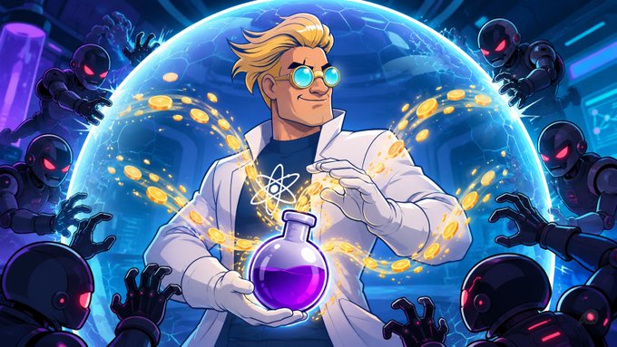 A cartoon-style illustration of a blonde scientist in a lab coat and goggles holding a glowing purple flask with gold coins, surrounded by menacing robots and a protective energy bubble.