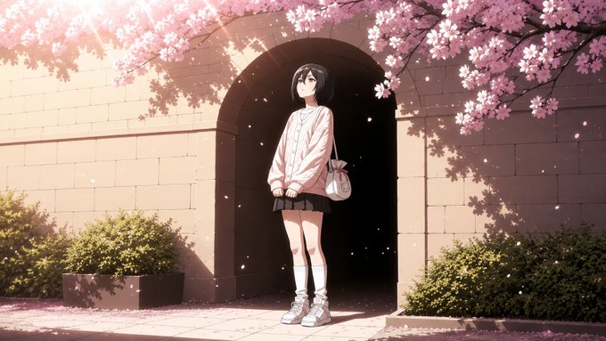 An anime-style illustration of a black-haired girl in a white cardigan, skirt, and knee-high socks standing under a cherry blossom archway.