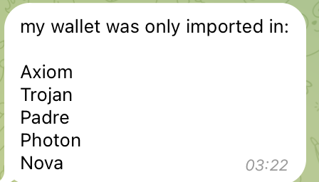 A WhatsApp message titled "my wallet was only imported in:" lists five crypto extensions—Axiom, Trojan, Padre, Photon, and Nova—highlighting Nova as the common platform linked to a wallet-draining exploit that compromised 42 traders simultaneously.