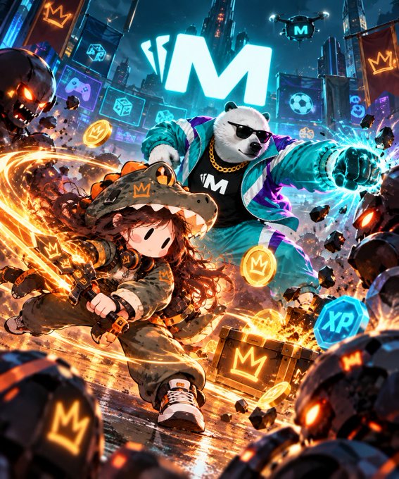 A vibrant, dynamic digital artwork featuring a girl in a crocodile hat wielding a fiery weapon alongside an anthropomorphic panda in a jacket, set in a cyberpunk cityscape surrounded by floating 'M' crown logos and 'XR' tokens.