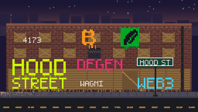 A pixel-art mural on a brick wall displays "HOOD STREET" alongside crypto-themed elements including Bitcoin, "DEGEN," "WAGMI," and "WEB3," visually capturing the project's original name and its fusion of street culture with Web3/Web3 finance aesthetics.