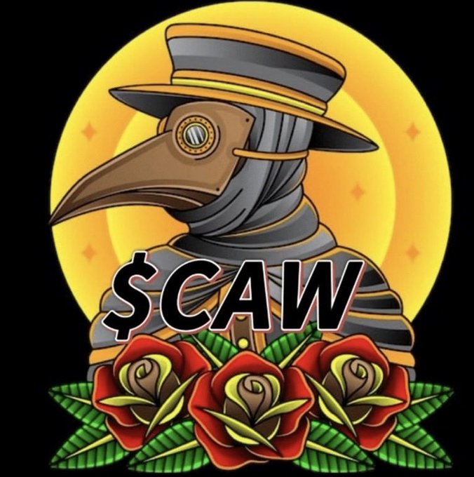 An illustration depicts a plague doctor figure wearing a beaked mask and a hat, set against a yellow moon, with the text '$CAW' and red roses at the bottom.