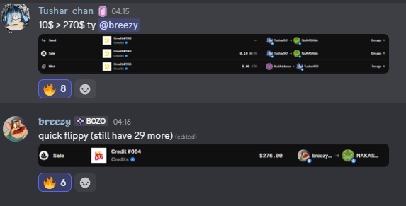 A Discord conversation where user "breezy" flipped a Snoop Dogg credit (sold for $276) after purchasing a 10$ "Green" and three other assets totaling $270 from "Tushar-chan," netting an easy $6 profit—a quick flip with 299 more opportunities to go.